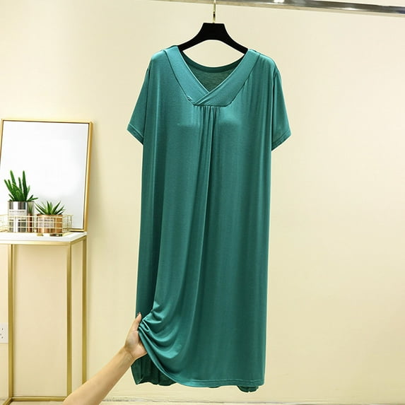 Fznquz Night Gown for Women Soft Comfy Loose Short Sleeve Lounge House Dress Green Casual Crewneck Sleep Dress