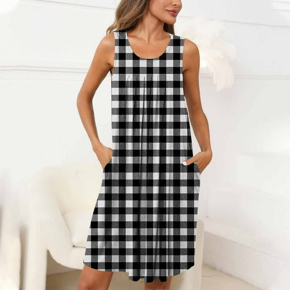 Fznquz Nightgowns for Women Sleepwear Casual Sleeveless Lounge Dress Crew Neck Black Plaid Lounge Dress with Pockets
