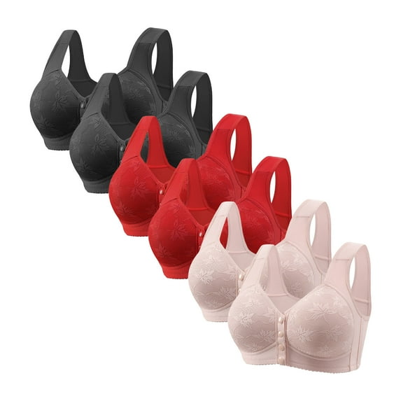 Blczomt No Underwire Plus Size Bras for Women Comfort Full Coverage Daisy Push Up Red Everyday Bras for Women 6 Pack