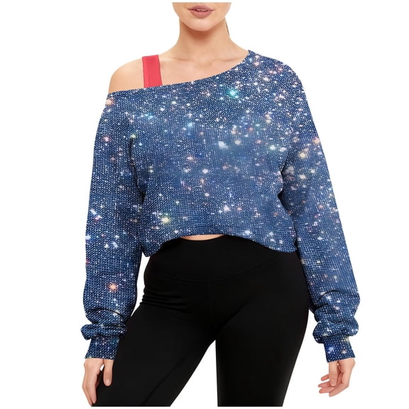Fznquz Off Shoulder Women Blouses Dressy Casual Plain Trendy Blue Tee Crop Loose Cold Shoulder Women's Spring Fashion,S