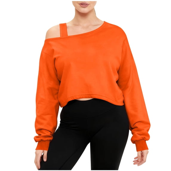 Fznquz Off Shoulder Womens Blouses for Work Plain Orange Trendy Blouses Crop Cold Shoulder Loose Womens Tee Shirts,XL