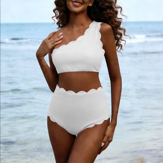 Fznquz One Shoulder Womens Bikinis High Waisted 2 Piece Swimsuit 2026 Tummy Control Scalloped Swim Suits,M