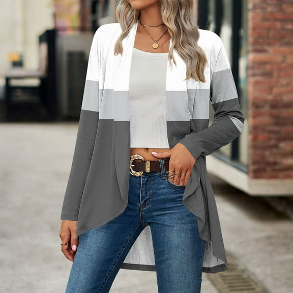 Fznquz Open Front Oversized Cardigans for Women 2025 Jacket Gray Striped Trendy Dressy Casual Ladies Blouses