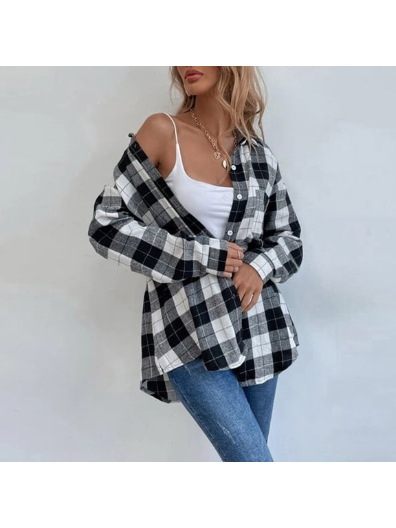 Open Front Sweaters for Women Trendy Long Cardigan Long Sleeve Plaid Black Button Down Jacket