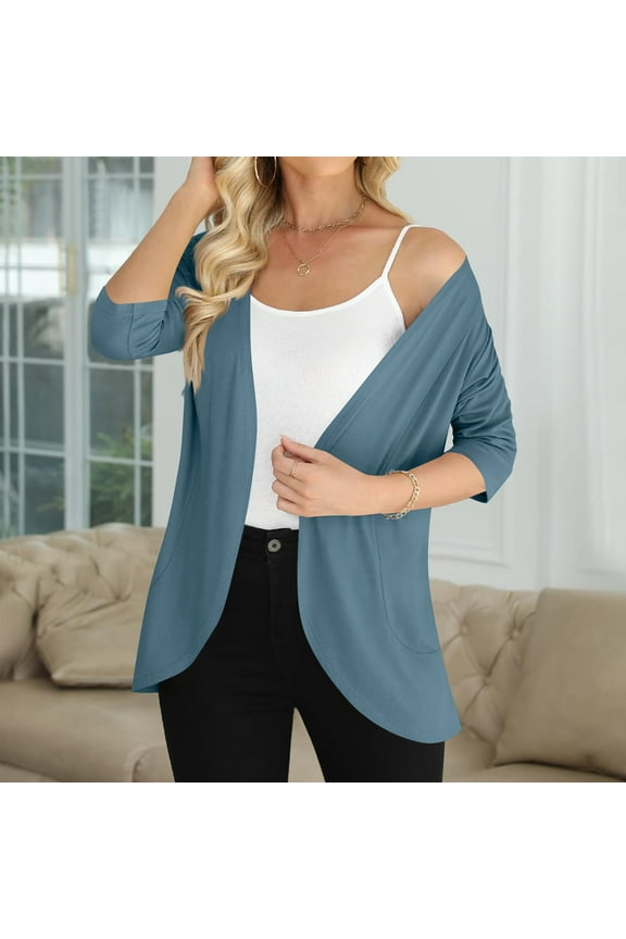 Open Front Womens Cardigan 3/4 Sleeve Blue Lightweight Cardigan Shrugs Formal Kimono Cover Up