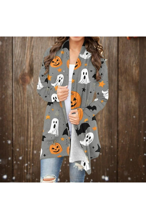 Open Front Womens Sweater 2025 Halloween Cardigan Long Sleeve Funny Casual Ghost Print Gray Women Clothing