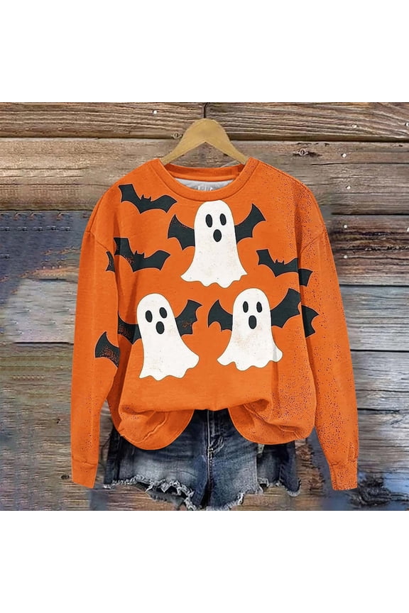 Orange Long Sleeve Tops for Women Cute Halloween Graphic Shirt Ghost Print Crewneck Casual Women's Clothing