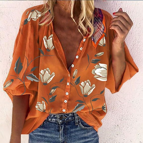 Fznquz Orange Women Blouse Hawaiian Button Down Short Sleeve Shirts Casual Summer Beach Floral Tops Women XXL