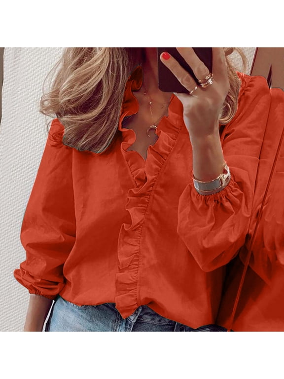 Orange Womens Tops Plain Ruffle Peplum Blouse Long Sleeve V Neck Casual Blouses L