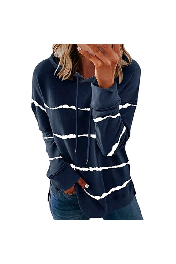 Outfits Hoodies for Women Cheap Blue Plus Size Graphic Slit Loose Fit Striped Fall Sweatshirts for Women,XL