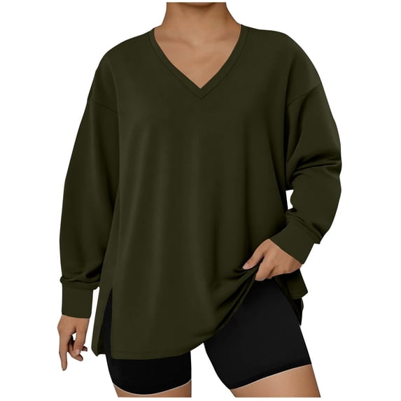 Fznquz Oversized Ladies Tops Green V Neck Long Sleeve Plain T Shirts Loose Casual Spring Plus Size T Shirt,XXXXL