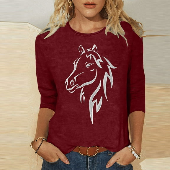 Fznquz Oversized Shirts for Women Casual 3/4 Length Sleeve Crewneck Red Tee Fall Animal Print Trendy Clothes Women,S