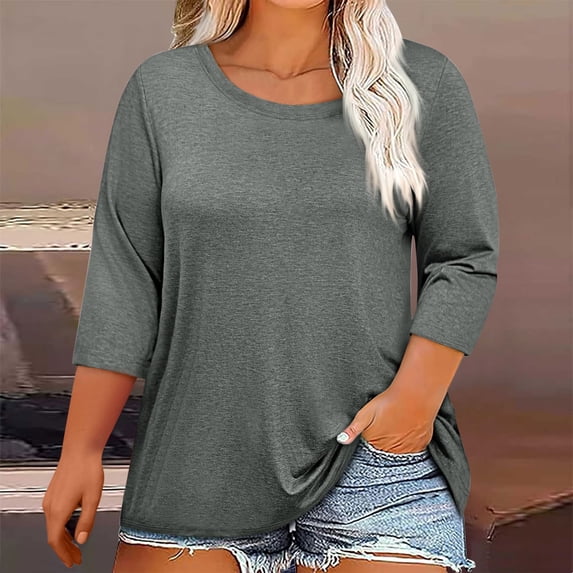Fznquz Oversized Womens 3/4 Sleeve Summer Tops Gray Plain Tee Casual Solid Color Plus Size Shirt,XL