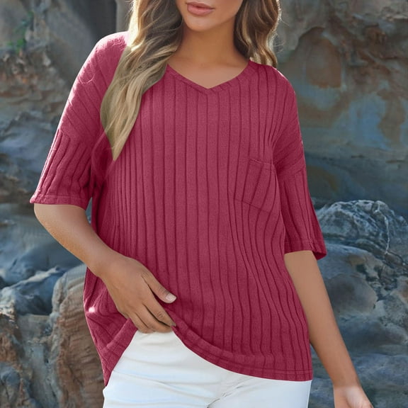 Fznquz Oversized Womens Shirts Dressy Casual Plain Red T Shirts Plus Size Pocket Elegant V Neck Womens Clothes,XXL