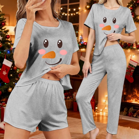 Fznquz Pajamas for Women Set Winter Christmas Outfits Short Sleeve Casual 3 Piece Tops and Shorts Pants Soft Lounge Sets Women