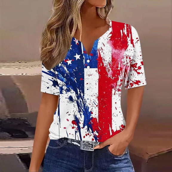 Fznquz Patriotic Tops for Women Short Sleeve Summer Shirt Casual Red Independence Day 4th of July Shirts Women