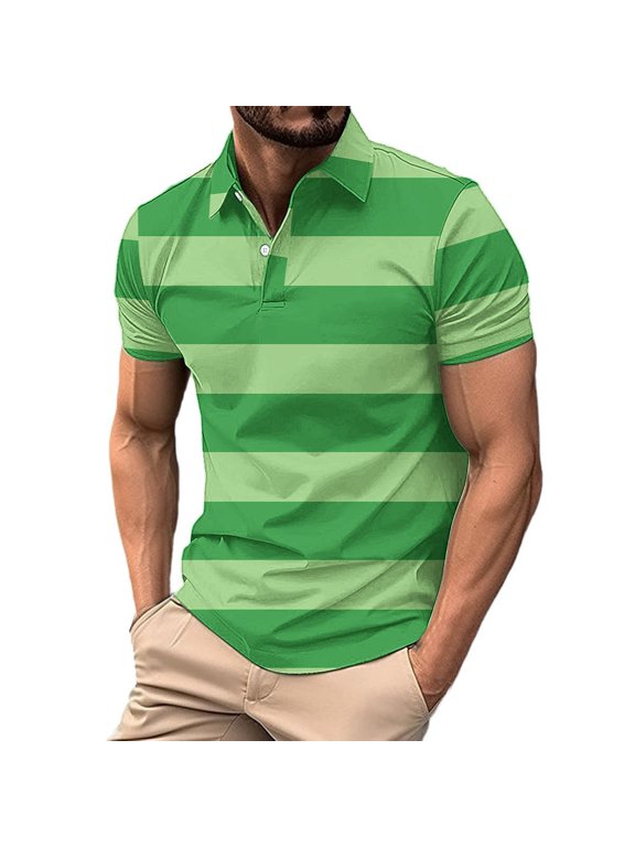 Performance Tee Shirts Mens Green Casual Collared Polo Stripe Moisture Wicking Summer Shirts Men XXXL