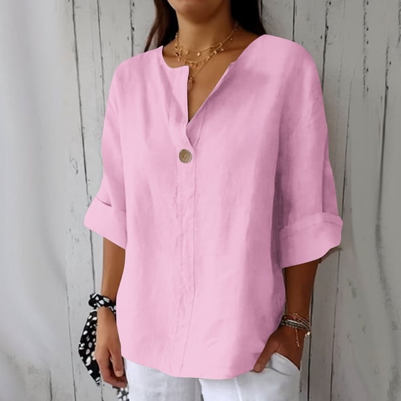 Fznquz Pink Blouses for Women Casual Fall Plain Linen 3/4 Sleeve Shirt Button V Neck Loose Tee,XXXXXL