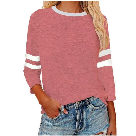 Fznquz Trendy Tops for Women Casual Fall Loose Fit Pink 3/4 Sleeve Shirt 2025 Crewneck Casual Womens Fashion,XXXL