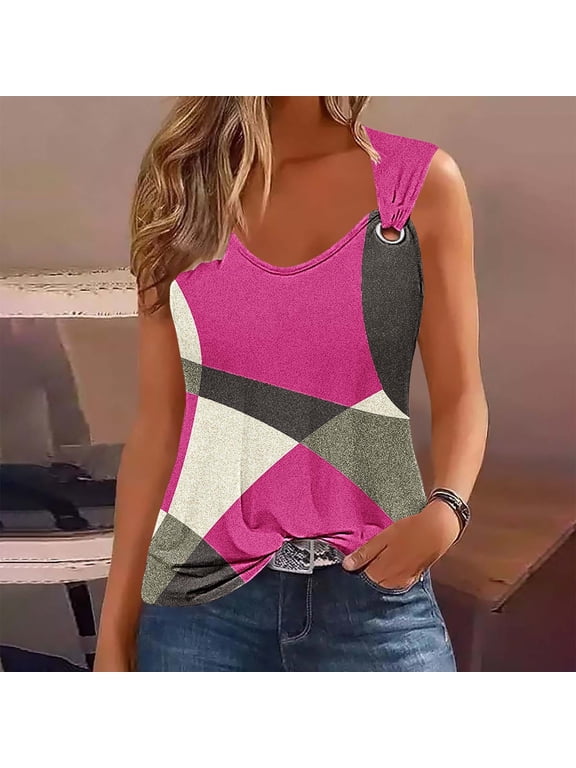 Pink Women's Tank Tops Sleeveless Summer Color Block Tank Tops Trendy Casual O Ring Shoulder Shirt