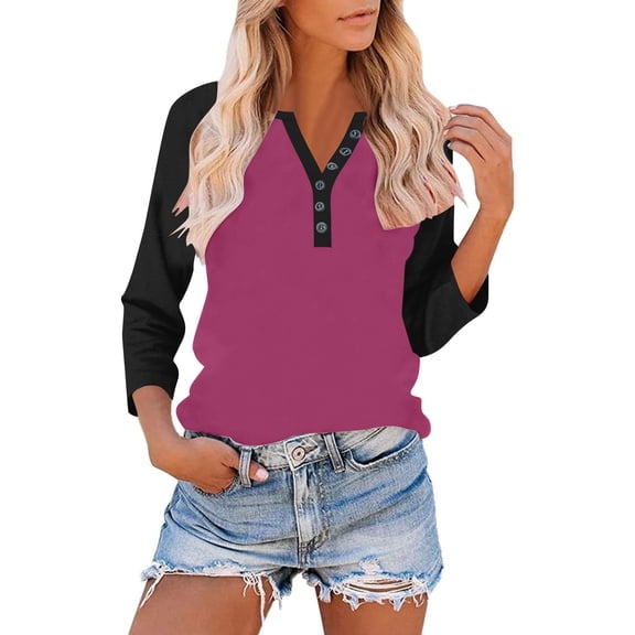 Fznquz Pink Womens Blouse 3/4 Sleeve Casual Color Block Tee Raglan V Neck Button Winter Fashion,L
