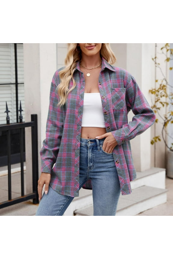 Plaid Womens Dressy Tops Button Up Flannel Shirts Collar Long Sleeve Button Down Purple Trendy Womens Tshirts