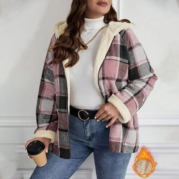 Fznquz Plaid Womens Tops Flannel Casual Pink Blouses Fleece Hooded Long Sleeve Spring Women's Fashion,M