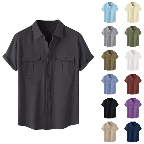 Fznquz Plain Big and Tall Shirts for Men Short Sleeve Gray Cotton Linen Shirt Soft Vintage Big and Tall Mens Clothes