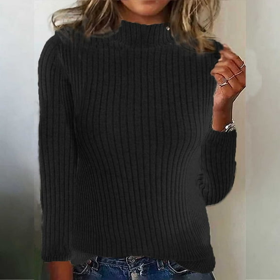 Fznquz Plain Blouses for Women 2026 Long Sleeve Black Mock Neck Ribbed T-Shirt Basic Casual Spring Fitted Womens Fashion,M
