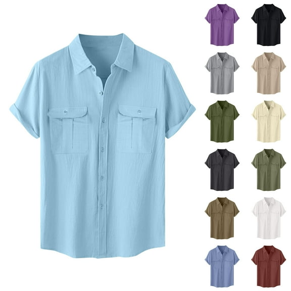 Fznquz Plain Button Up Shirt Men Cotton Linen Short Sleeve Button down Shirt Vintage Soft Casual Mens Clothes