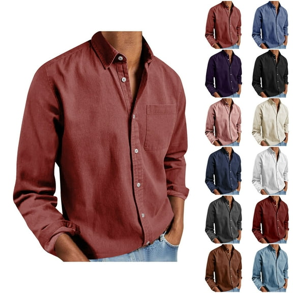 Fznquz Plain Button Up Shirt Men Red Long Sleeve Shirts Button down Pocket Collared Mens Clothes Trendy