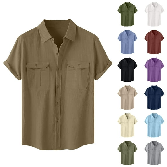 Fznquz Plain Mens Button Up Shirt Big and Tall Short Sleeve Brown Cotton Linen Button down Shirt Soft Vintage Men Clothes