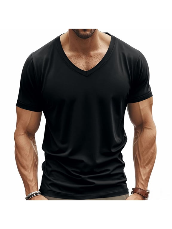 Plain Mens Shirts Black Short Sleeve V Neck Tshirts Classic Casual Mens Tshirts XL