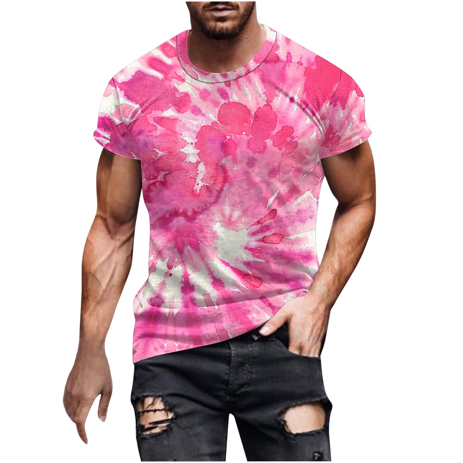 Fznquz Plain Mens Shirts Clearance Short Sleeve Pink Crew Neck Tie Dye
