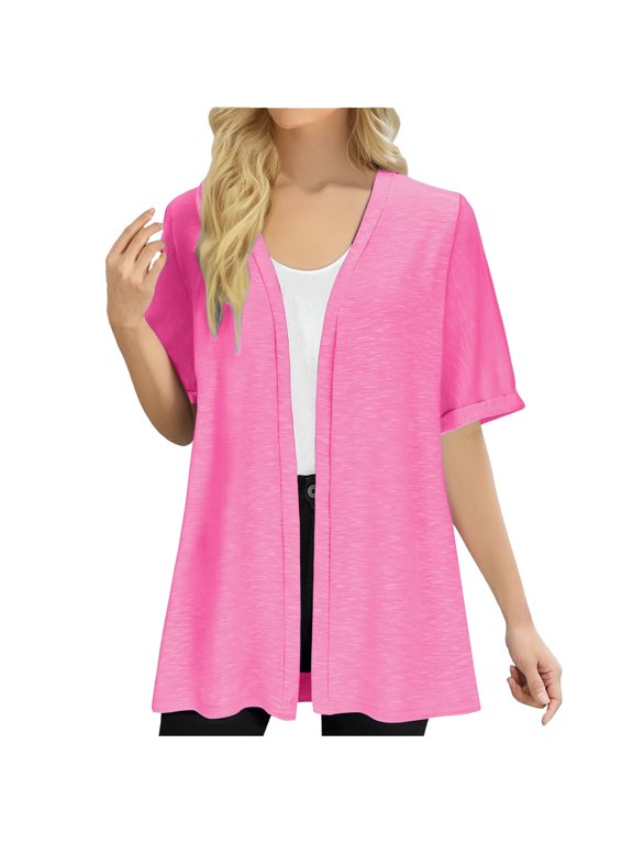 Plain Oversized Cardigans for Women Open Front Casual Long Cardigan Short Sleeve Pink Lightweight 2025 Coat