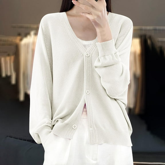 Fznquz Plain Plus Size Womens Blouses Long Sleeve White Button Down Cardigan Fall Knit Casual Women T Shirts