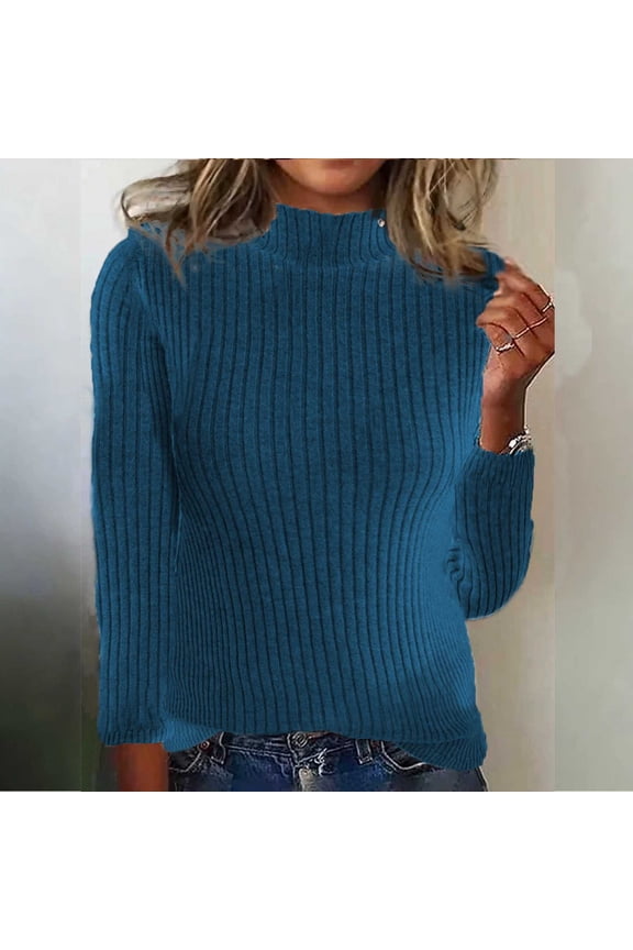 Plain Plus Size Womens Blouses Mock Neck Blue Ribbed Long Sleeve Shirt Basic Fitted Casual Spring Womens Fashion Tops,M