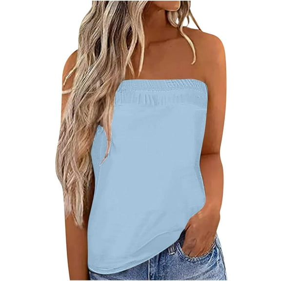 Fznquz Plain Sleeveless Tops For Women Casual Spring Summer Tube Tops Strapless Solid Color Blue Bandeau Women Clothing
