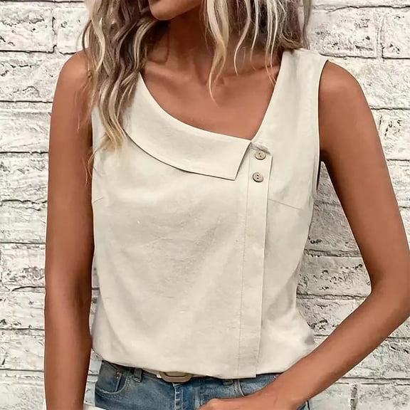 Fznquz Plain Spring Tops for Women Sleeveless Work Shirt Button Tank Tops Summer Casual Beige Blouses Women