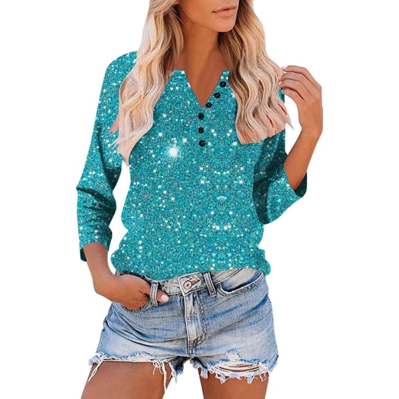 Fznquz Plain Tee Shirts Womens Casual 3/4 Length Sleeve Blue Tees Button Solid Color V Neck Fall Fashion,XXXL