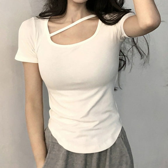 Fznquz Plain Tops Women Basic Casual Tees Workout Short Sleeve White Scoop Neck Womens Blouse