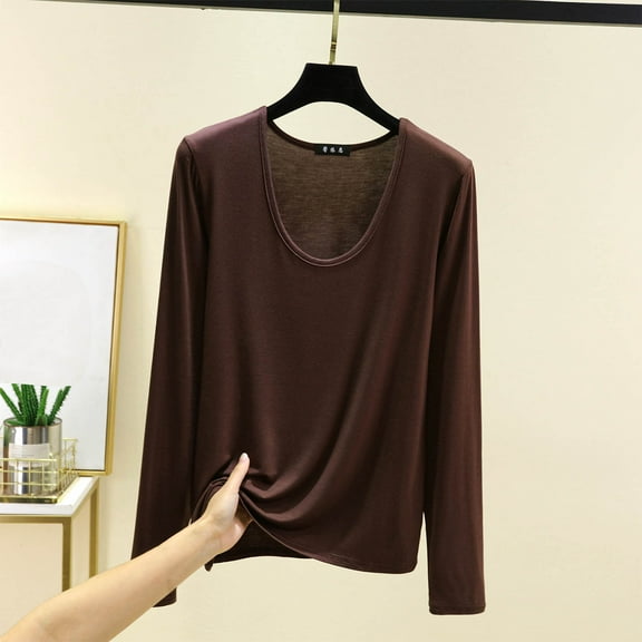 Fznquz Plain Womens Blouses Dressy Crewneck Long Sleeve Shirt Casual Brown Loose Fit Fall Women's Fashion