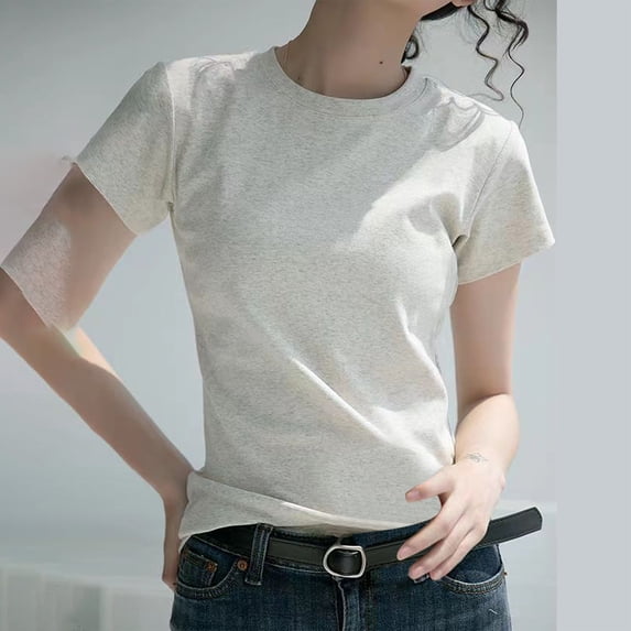 Fznquz Plain Womens Casual Tops Basic Cotton Tshirts Beige Short Sleeve Round Neck Women's Blouse