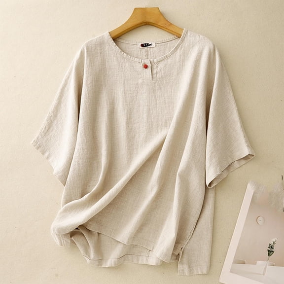 Fznquz Plain Womens Casual Tops Spring Summer Elbow Sleeve Shirt Solid Crew Neck Beige Soft Ladies Tops and Blouses