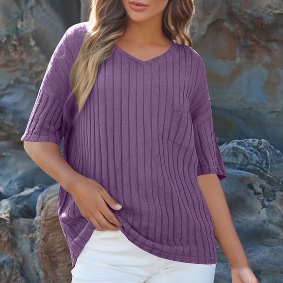 Fznquz Plain Womens Oversized Tee Shirts Dressy Casual Purple T Shirt Elegant V Neck Plus Size Pocket Clothes,XL