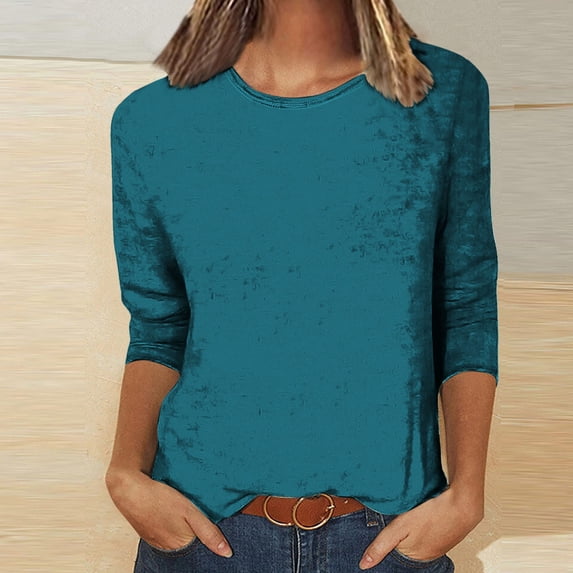 Fznquz Plain Womens Tee Green 3/4 Sleeve Casual Shirt 2025 Trendy Crewneck Fall Blouses,XXXL