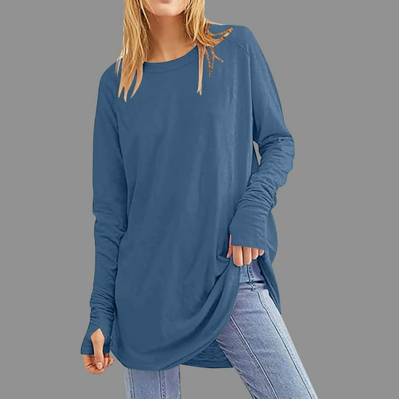 Fznquz Plain Womens Top Blue Tunic Crewneck Tee Shirts Solid Casual Long Sleeve Womens Tees