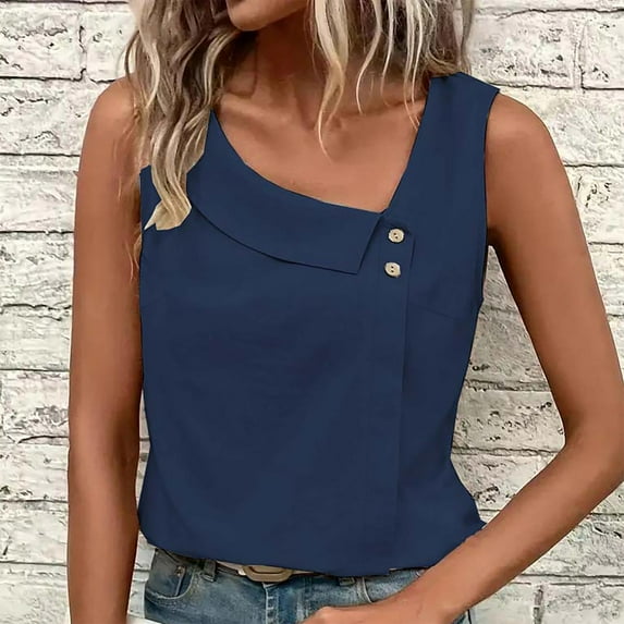 Fznquz Plain Womens Tops under $10 Sleeveless Work Shirt Blue Tank Tops Button Summer Blouses for Women Casual
