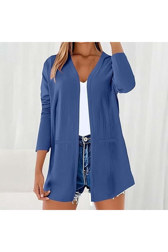 Plain Womens Tops Trendy Open Front Casual Blue Cardigan Pocket Loose Fit Women Clothes