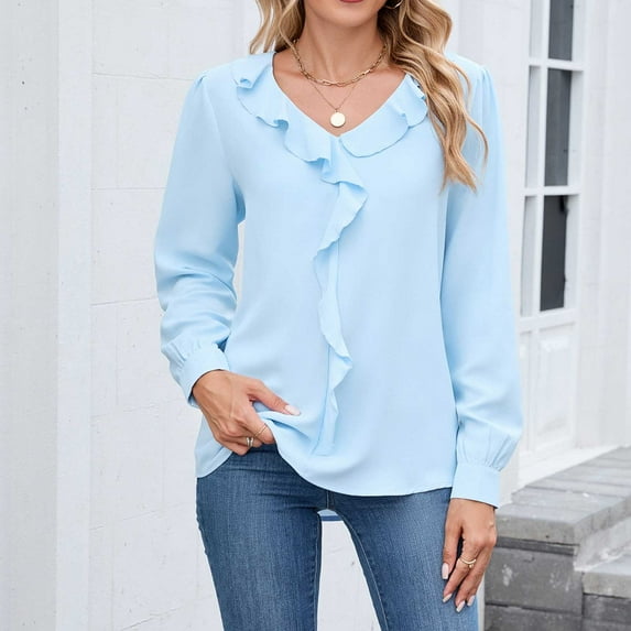 Fznquz Plain Work Blouses for Women 2025 Chiffon Peplum Tops Long Sleeve V Neck Blue Dressy Trendy Fashion Women